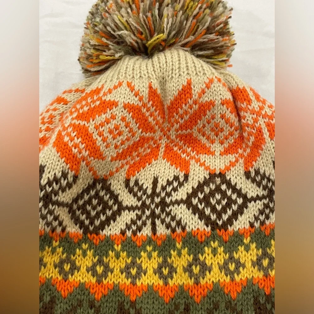 Jeanne Simmons Kids Fair Isle Beanie Winter Knit Hat‎ Pom Pom Orange Yellow NEW